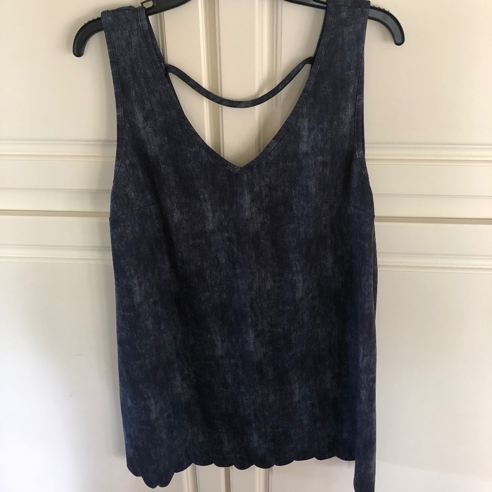 Navy Junior size dress large.  Deep V neckline in front and back.  Scalloped hem